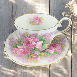 Allyn Nelson Pink Roses Lilac Fine Bone China Teacup and Saucer Set Porcelain